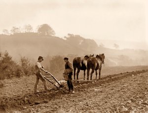Boeren die een veld ploegen op Lealholm Hall Farm, Whitby. c.1889