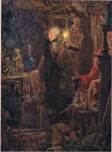Hij was een kleine oude man, met lang grijs haar, wiens gezicht en figuur, terwijl hij het licht boven zijn hoofd hield en voor zich uit keek, ca. 1920