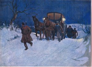 Bij het einde van de reis, c.1920 (kleur litho) door Frank Reynolds