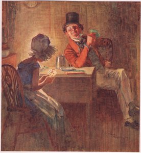De Markiezin houdt haar kaarten heel strak in beide handen, overweegt welke te spelen, c.1920 door Frank Reynolds