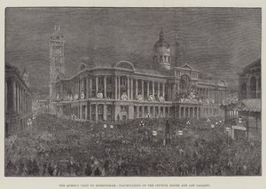 Het bezoek van de koningin aan Birmingham, verlichting van het stadhuis en kunstgalerij door Frank Watkins