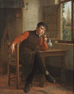 François Antoine De Bruycker - Jonge man rookt pijp in saloninterieur door François Antoine de Bruycker