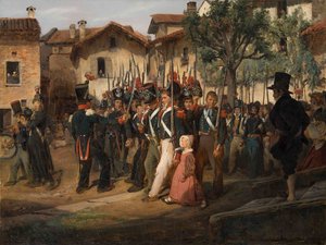 La garde nationale de campagne défilant devant le maire door François August Biard