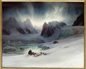 Magdalenabaai gezien vanaf het schiereiland Tomb, Noord-Spitsbergen. Effect van het noorderlicht