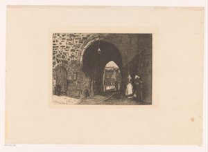 Gezicht op de Porte de St. Malo te Dinan (Dix Eaux-fortes, getekend en gegraveerd door F. Bonvin, Schilder) door François Bonvin