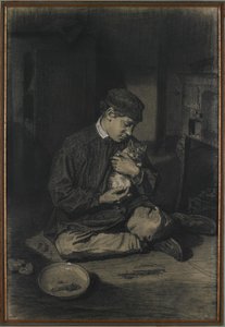 Zittende jongen met een kat (recto); Studie van kittens en een bord melk (verso), c. 1874-80 door François Bonvin