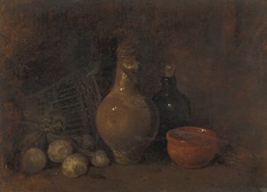 Stilleven met vier vruchten, glas en aardewerk door François Bonvin