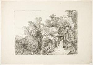 Een molenslot te midden van wilgen, plaat 97 uit figuren van verschillende karakters, landschappen en natuurstudies door François Boucher