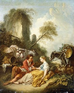 Een pastoraal landschap met een herder en herderin zittend bij ruïnes door François Boucher