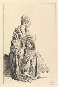 Zittende vrouw, profiel naar rechts, spelend met een waaier, 1720-70
