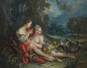 Twee Nimfen van Diana rusten uit na hun terugkeer van de jacht door François Boucher
