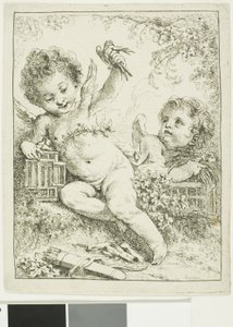 Twee Putti met een Vogel door François Boucher