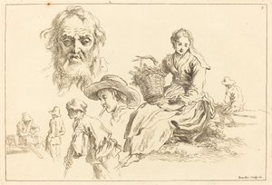 Figurenstudies inclusief Baardgezicht van een Oude Man door François Boucher after Abraham Bloemaert