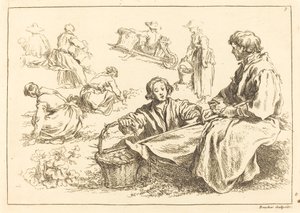 Figurenstudies inclusief Twee Zittende Boeren door François Boucher after Abraham Bloemaert