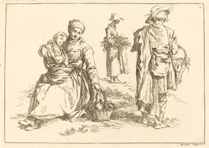 Zittende moeder en kind, twee staande boeren door François Boucher after Abraham Bloemaert