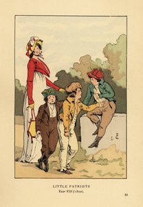 Jongens in jasjes en kniebroeken met Merveilleuse in Romeinse gewaad met muts en spencerjas. Kleine Patriotten, Jaar VIII door François Courboin