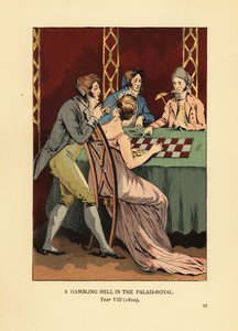 Modieuze Incroyables in hoogkraagjassen aan een goktafel met jonge vrouw en croupier. Een gokhel in het Palais Royal, Jaar VIII door François Courboin