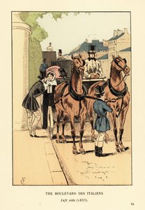 Modieuze rijtuigen op de Boulevard des Italiens, linkerkant