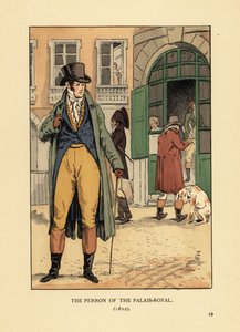 Modieuze heer voor de ingang van de Passage du Perron, Palais Royal. Hij draagt een hoed, das, jas, vest, kniebroek en laarzen. De Perron van het Palais Royal, Parijs