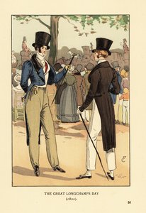 Modieuze heren in hoge hoed en rokkostuum met wandelstokken. Op een grote racedag op de Longchamp renbaan. Menigten modieuze mensen en rijtuigen. De Grote Longchamps Dag