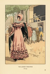 Modieuze vrouw bij een openlucht dramatische voorstelling. De Kleinere Theaters
