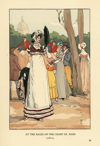 Modieuze vrouw bij de paardenraces op de Champ de Mars