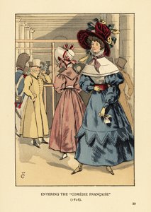 Modieuze vrouwen bij een toneelstuk, Parijs. Vrouw in grote hoed met linten, jurk met hoge kraag, kanten cape of pelerine en volle mouwen en beret. Binnenkomst bij de Comedie Francaise