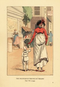 Vrouw en kind voor de Fontein van Leda, Fontaine de Leda, in de Rue du Regard, Parijs, Jaar VII door François Courboin