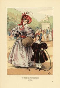 Vrouw en kind met hoepel spelen in het park. In de Champs Elysees door François Courboin