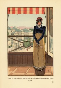 Vrouw bij raam met uitzicht op de Panoramas en de Passage des Panoramas, op Boulevard Montmartre, Parijs door François Courboin