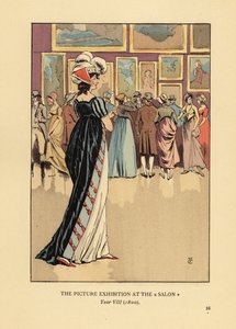 Vrouw in modieuze jurk bij de Schilderijententoonstelling in de Paris Salon, Academie des Beaux-Arts, Jaar VIII