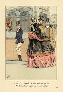 Vrouw in bontgevoerde cape en mof over een brede crinoline, met een andere vrouw in rijbroek. Een slimme hoek van de rue de Richelieu, het pakhuis van de Oost-Indische Compagnie, Parijs door François Courboin
