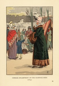 Vrouw in bontjas met bontmof bezoekt de Tataarse en Kalmykse Kozakkenbivak in Parijs na de val van Napoleon. Kozakkenkamp op de Champs Elysees