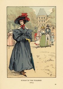 Vrouw flaneert in zondagse kleding in het park. Ze draagt een breedgerande hoed, jurk met volle mouwen, enkel laarzen en draagt een parasol. Zondag in de Tuilerieën Tuin door François Courboin
