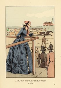 Vrouw kijkt naar de paardenrace op de Champ de Mars renbaan. Ze draagt een hoed en blauwe redingote over een crinolinerok. Mannen in hoge hoed en rokkostuum. Een tribune bij de Champ de Mars races
