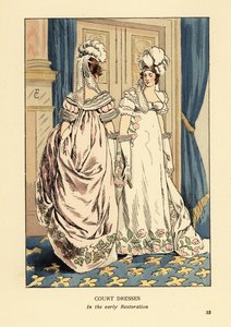 Vrouwen met veren hoofdtooien en luxueuze geborduurde jurken, hof van Koning Lodewijk XVIII, circa 1817. Interieur met blauwe gordijnen en fleur de lys tapijt. Hofjurken in de vroege Restauratie, Parijs. Handgekleurde lithografie door R.V. naar een illustr door François Courboin