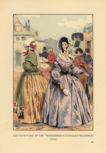 Vrouwen wachten op postkoetsen in Parijs