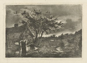 Rivierlandschap met boerderij