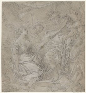 Jonge vrouw knielend voor een veldheer in zijn tent (Scipio?) door François Le Moine (manner of)