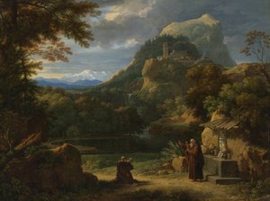 Sint Antonius van Padua introduceert twee novicen bij broeders in een berglandschap door Francois Xavier Fabre