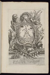 Cartouche met twee leeuwen en een cijfer, Livre de Cartouches à divers usages (Boek van cartouches voor verschillende toepassingen) door François de Cuvilliés the Elder