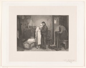 Vissersinterieur met treurend koppel bij een lege wieg