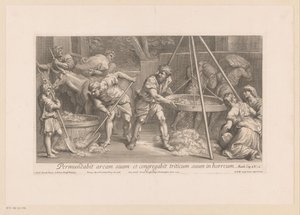 Arbeiders bezig met de verwerking van graan door François de Poilly (II)