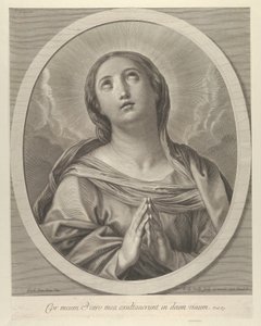 De Maagd in gebed, kijkend omhoog met wolken achter haar, in een ovaal frame, naar Reni