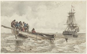 Acht mannen in een roeiboot bij een zeilschip