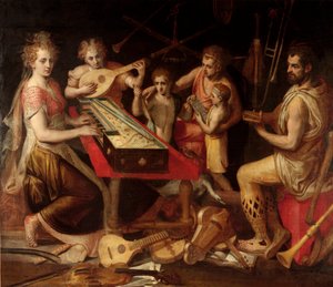 Muziekkarakters vetus heeft de oude omringing van muziekinstrumenten die een allegorie vormen.