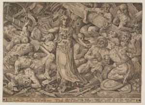 Victoria omringd door krijgsgevangenen en oorlogstrofeeën door Frans Floris I