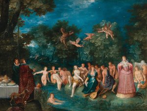 Diana en haar nimfen baden, met een hertenjacht op de achtergrond, ca. 1606 door Frans Francken the Younger