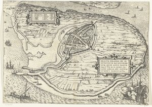 Kaart van het eiland Voorne en plattegrond van Brielle, 1572 door Frans Hogenberg