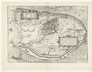 Kaart van het eiland Voorne en plattegrond van Brielle, 1572 door Frans Hogenberg